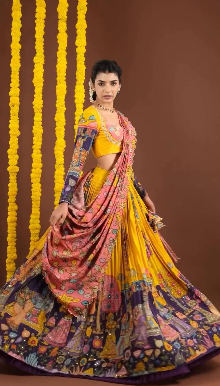 Traditional Kalamkari Lehenga Choli Set in Chent Crepe with Dupatta