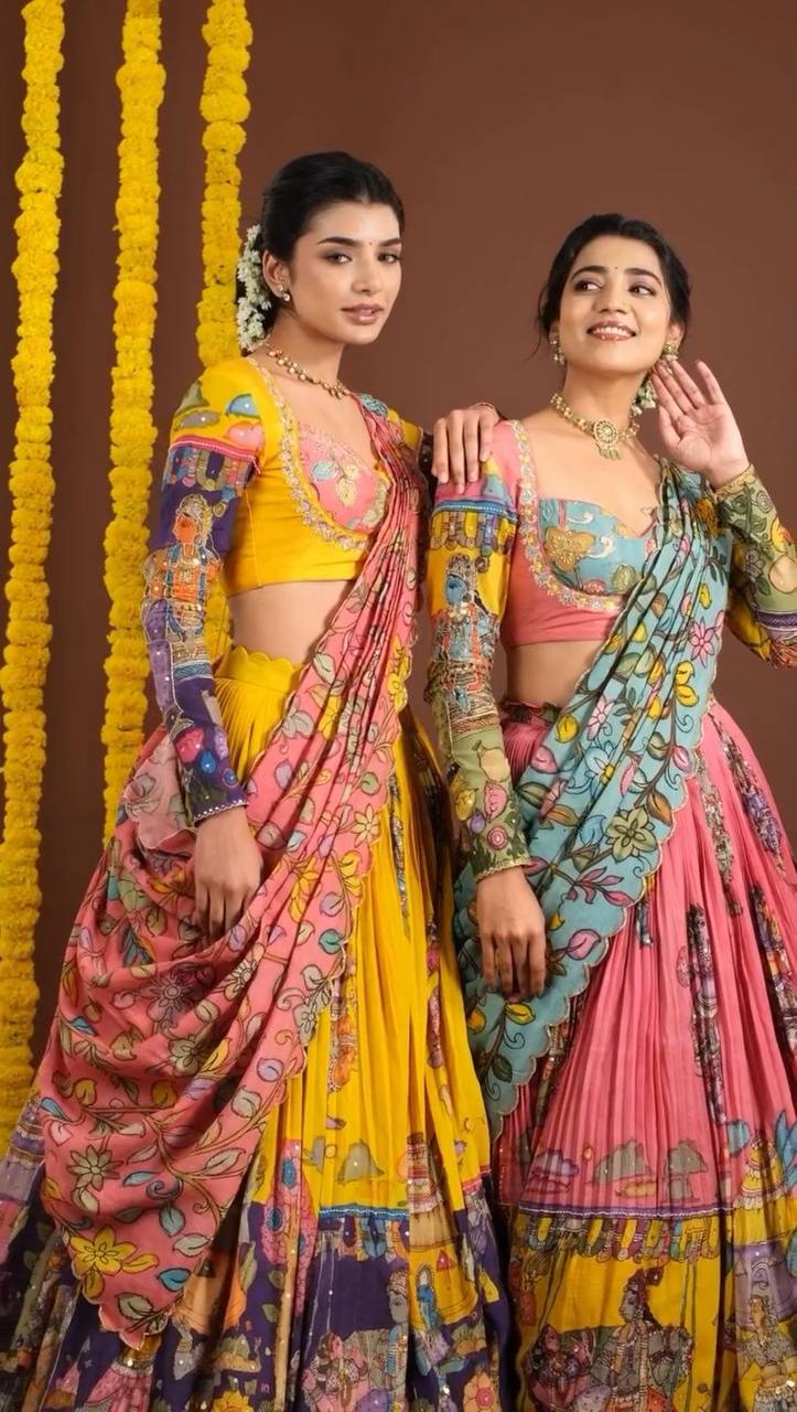 Traditional Kalamkari Lehenga Choli Set in Chent Crepe with Dupatta