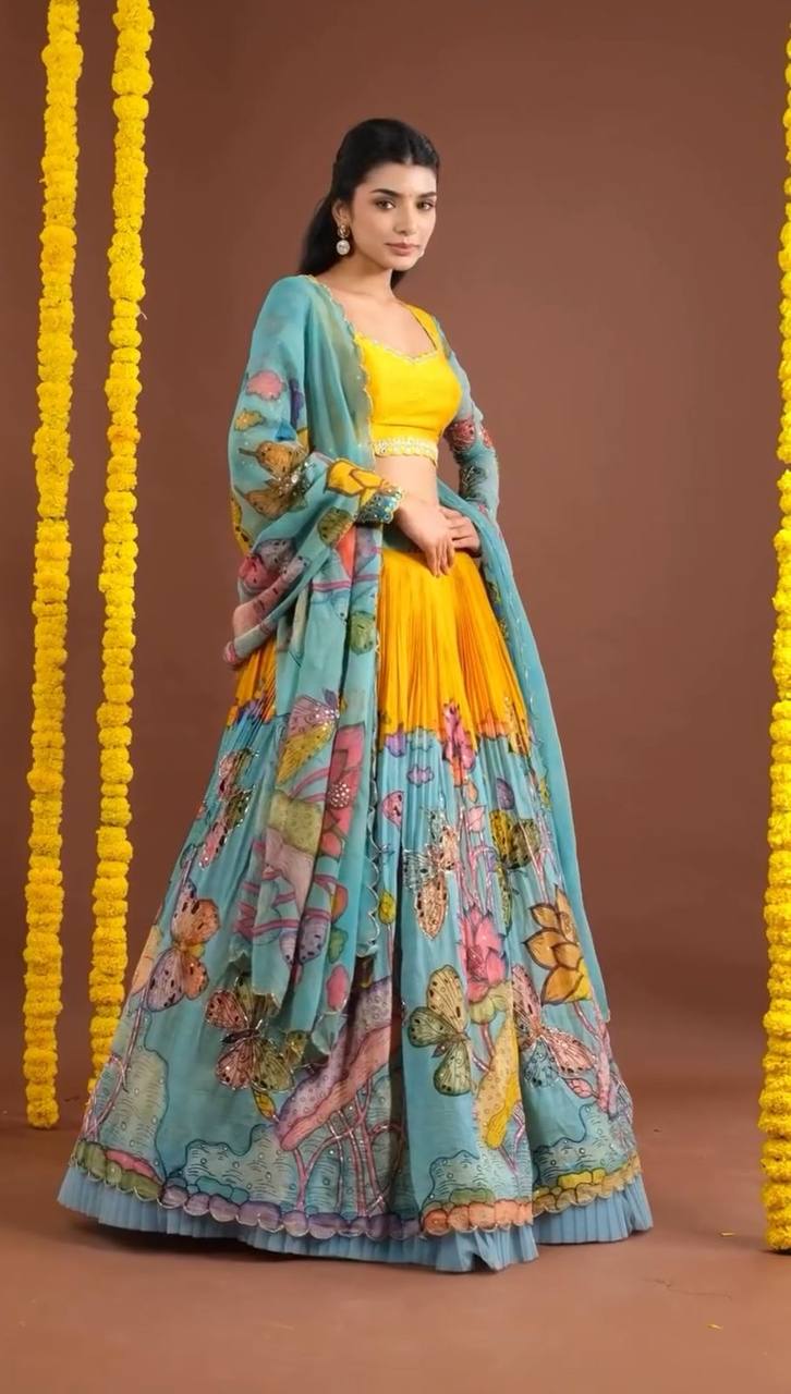 Elegant Kalamkari Chent Crepe Lehenga Choli with Embroidered Sequins and Dupatta – Fully Stitched