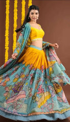 Elegant Kalamkari Chent Crepe Lehenga Choli with Embroidered Sequins and Dupatta – Fully Stitched