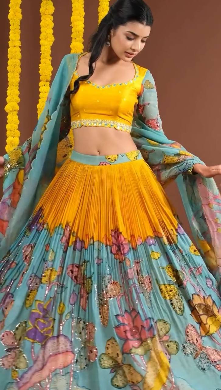 Elegant Kalamkari Chent Crepe Lehenga Choli with Embroidered Sequins and Dupatta – Fully Stitched