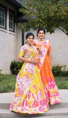 Vibrant Floral Print Cotton Lehenga Choli Set with Dupatta – Fully Stitched and Festive Ready