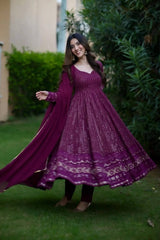 Premium Wine Purple Embroidered Kali-Cut Anarkali Suit Set with Dupatta and Pants