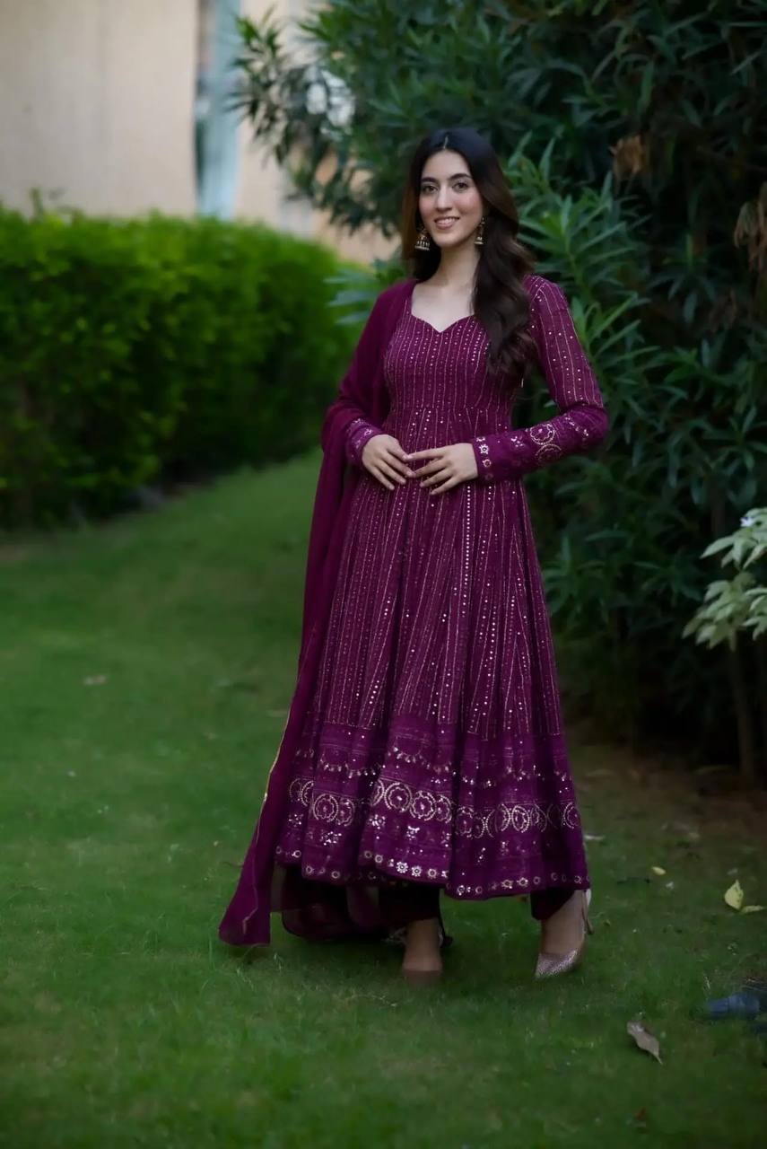 Premium Wine Purple Embroidered Kali-Cut Anarkali Suit Set with Dupatta and Pants