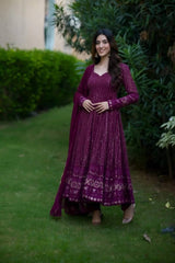 Premium Wine Purple Embroidered Kali-Cut Anarkali Suit Set with Dupatta and Pants