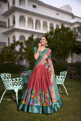 Salmond Pink Dola Silk Kalamkari Printed Lehenga Choli with Zari Weaving Border & Tassel Dupatta