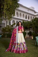 Off White Dola Silk Kalamkari Printed Lehenga Choli with Zari Weaving Border & Tassel Dupatta