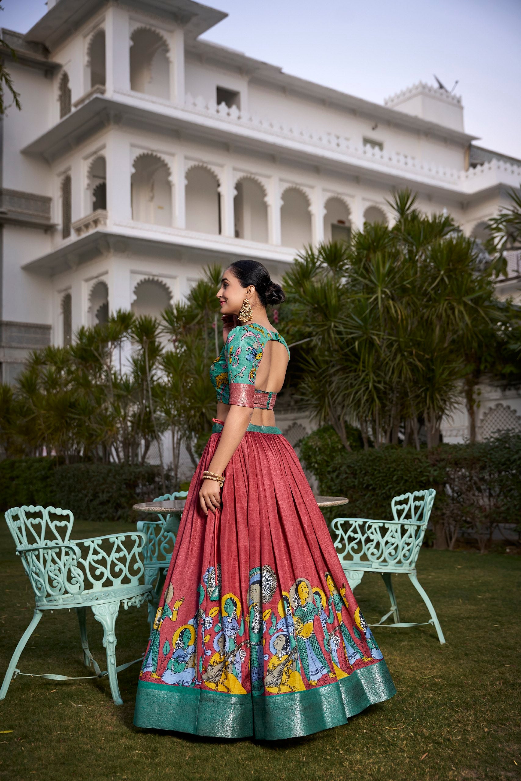 Salmond Pink Dola Silk Kalamkari Printed Lehenga Choli with Zari Weaving Border & Tassel Dupatta