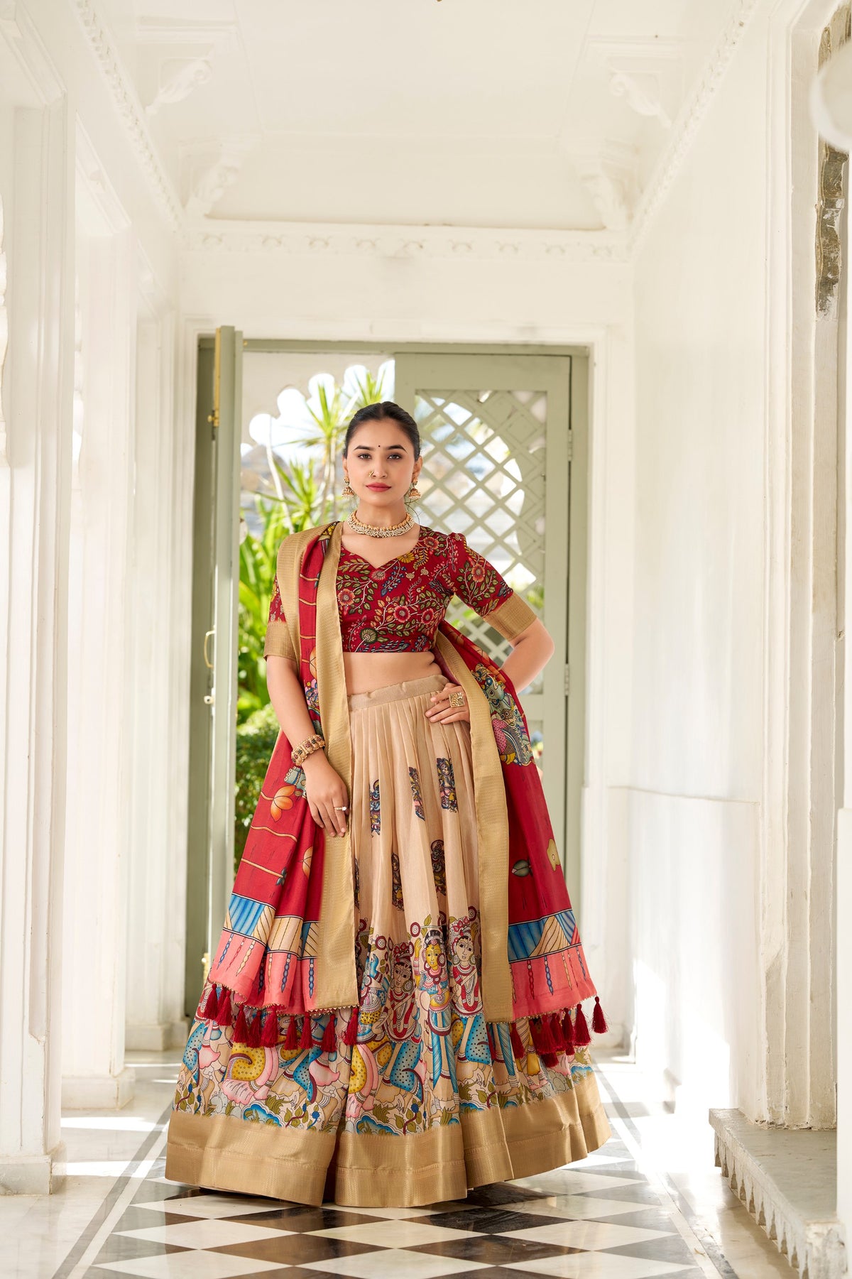 Cream Dola Silk Lehenga Choli with Kalamkari Print and Canvas Stitching