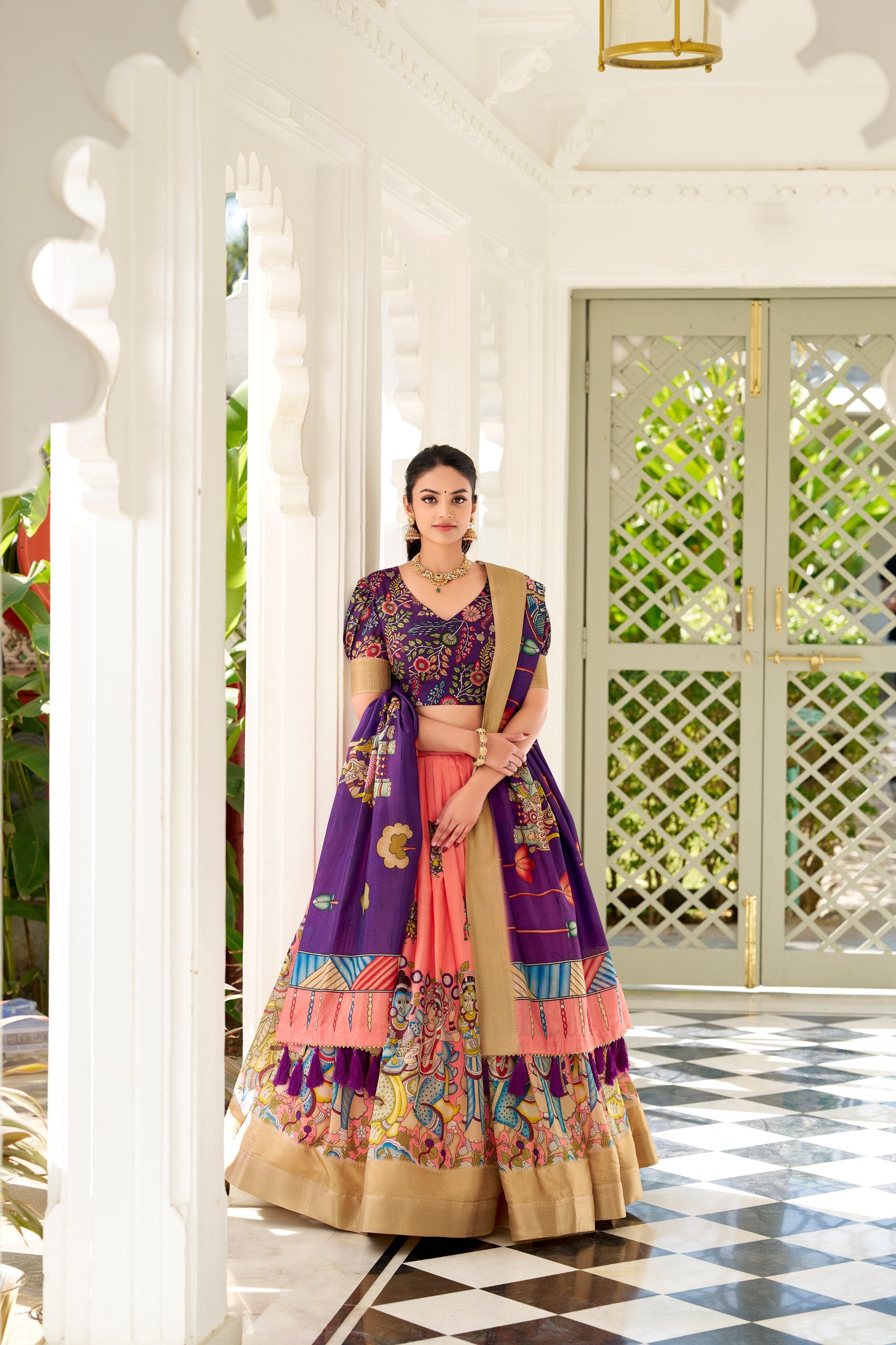 Peach Dola Silk Lehenga Choli with Kalamkari Print and Tassel Dupatta