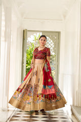 Cream Dola Silk Lehenga Choli with Kalamkari Print and Canvas Stitching