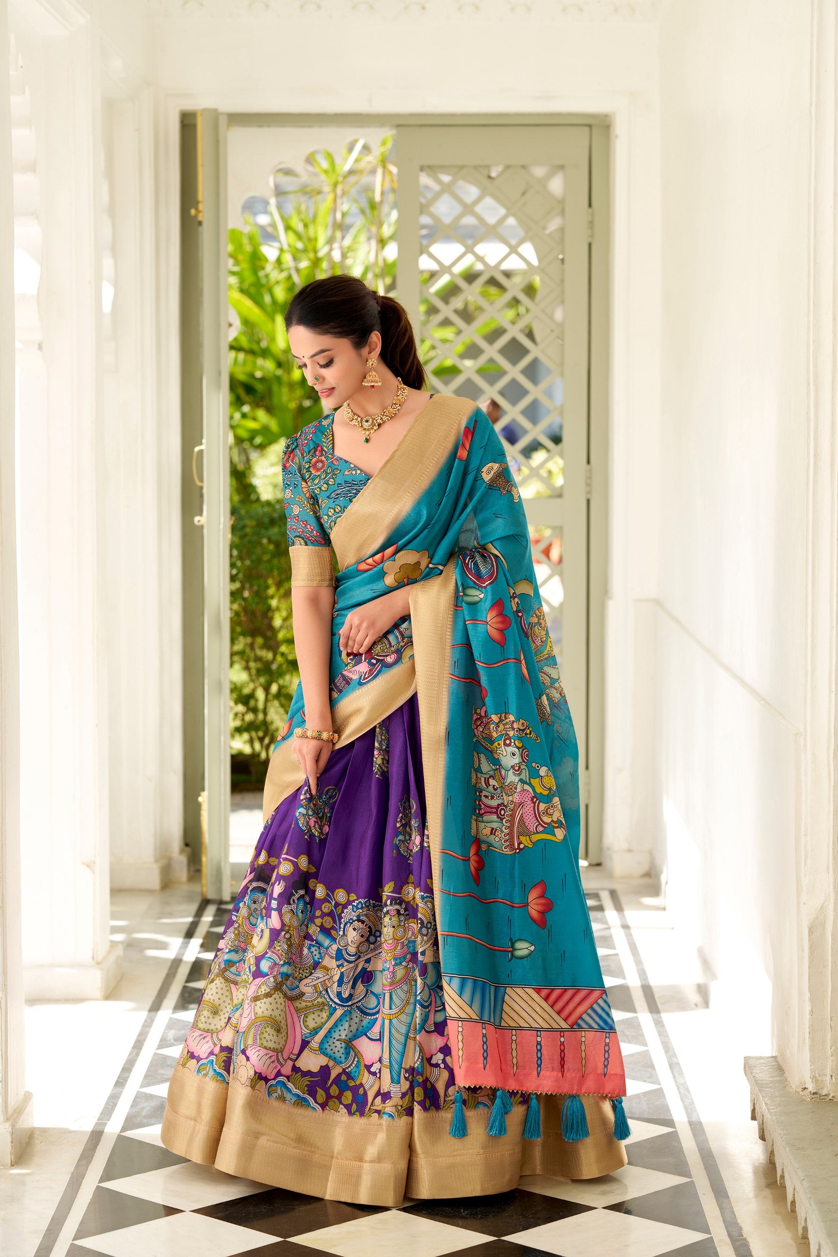 Purple Dola Silk Lehenga Choli with Kalamkari Print and Weaving Border