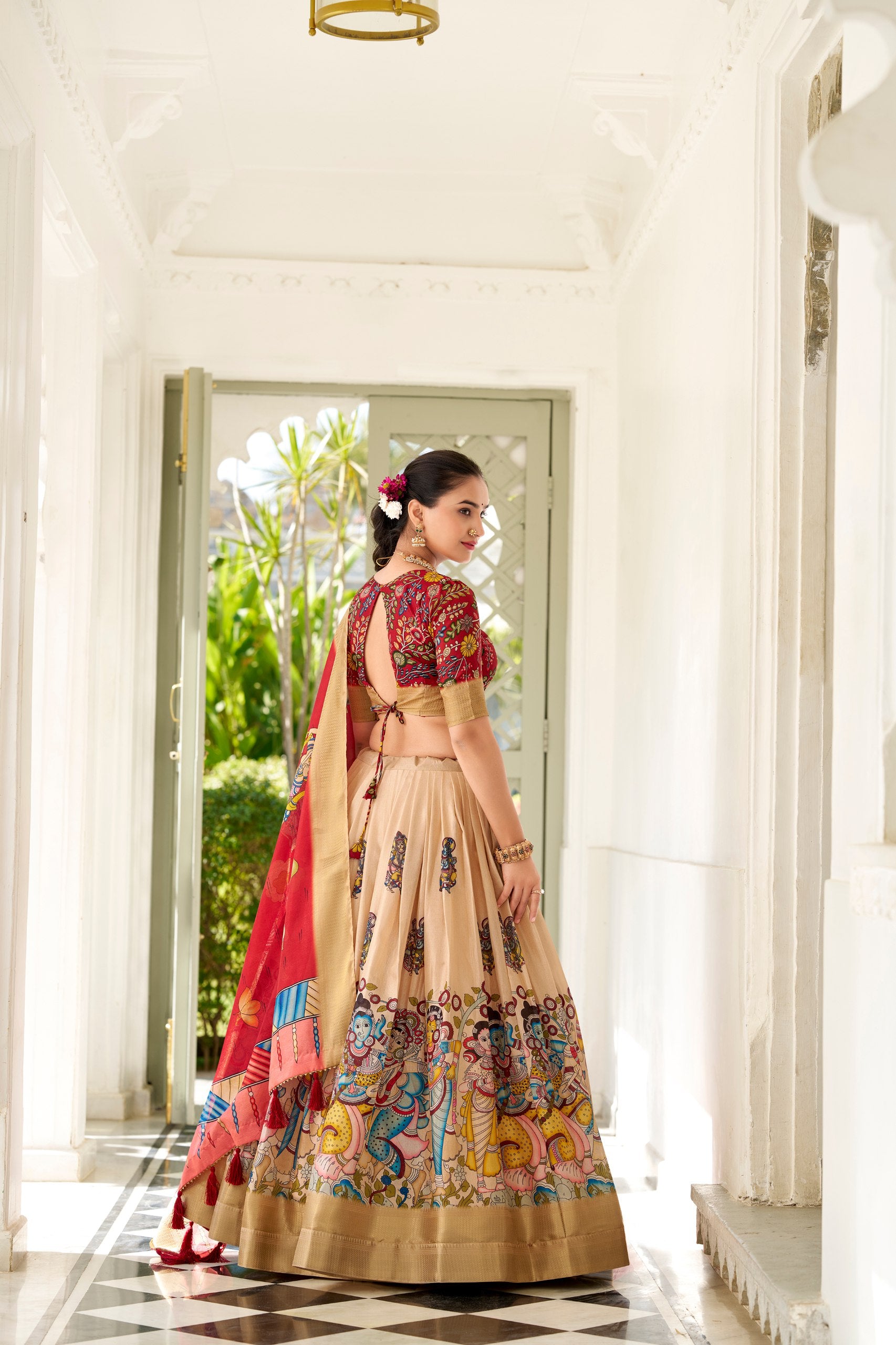 Cream Dola Silk Lehenga Choli with Kalamkari Print and Canvas Stitching