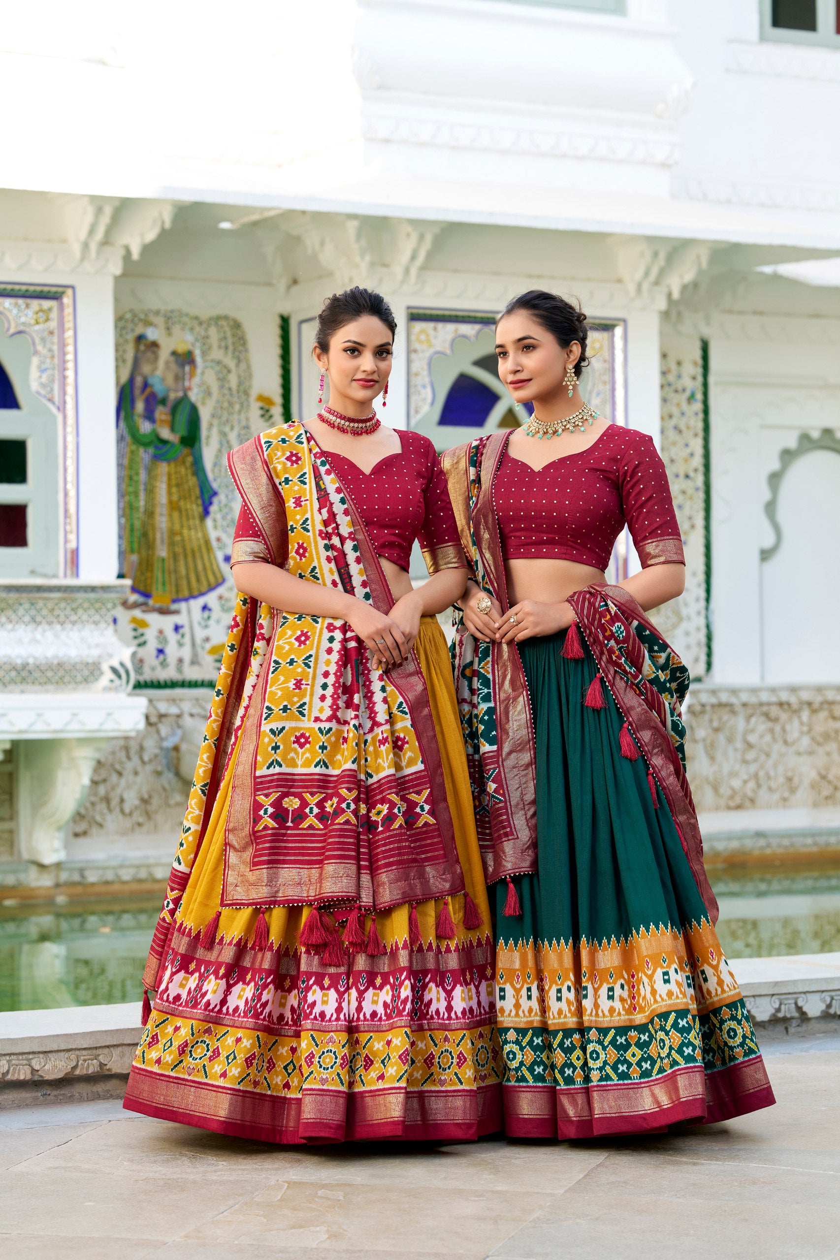 Green Tussar Silk Traditional Lehenga Choli with Heavy Tassels and Canvas Stitching