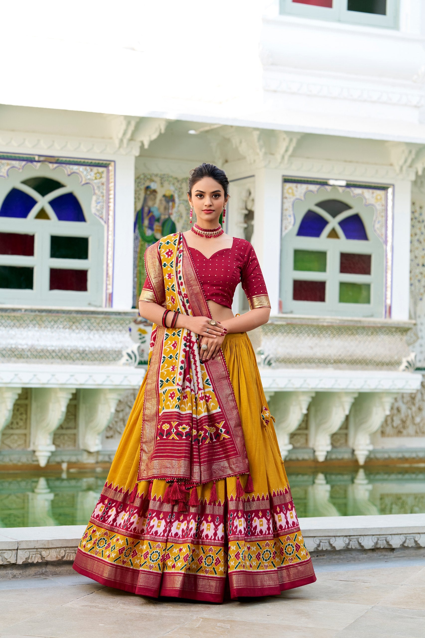 Mustard Tussar Silk Patola Print Lehenga Choli with Canvas Stitching