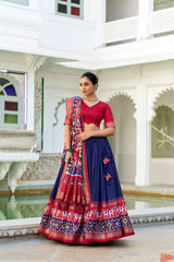 Navy Blue Tussar Silk Patola Print Lehenga Choli with Gotta Patti Border