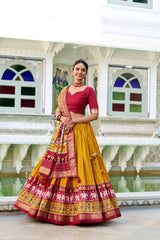 Mustard Tussar Silk Patola Print Lehenga Choli with Canvas Stitching