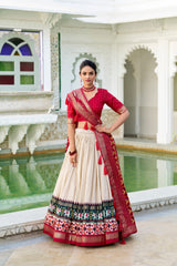 Off White Tussar Silk Festive Lehenga Choli with Foil Work and Tassels