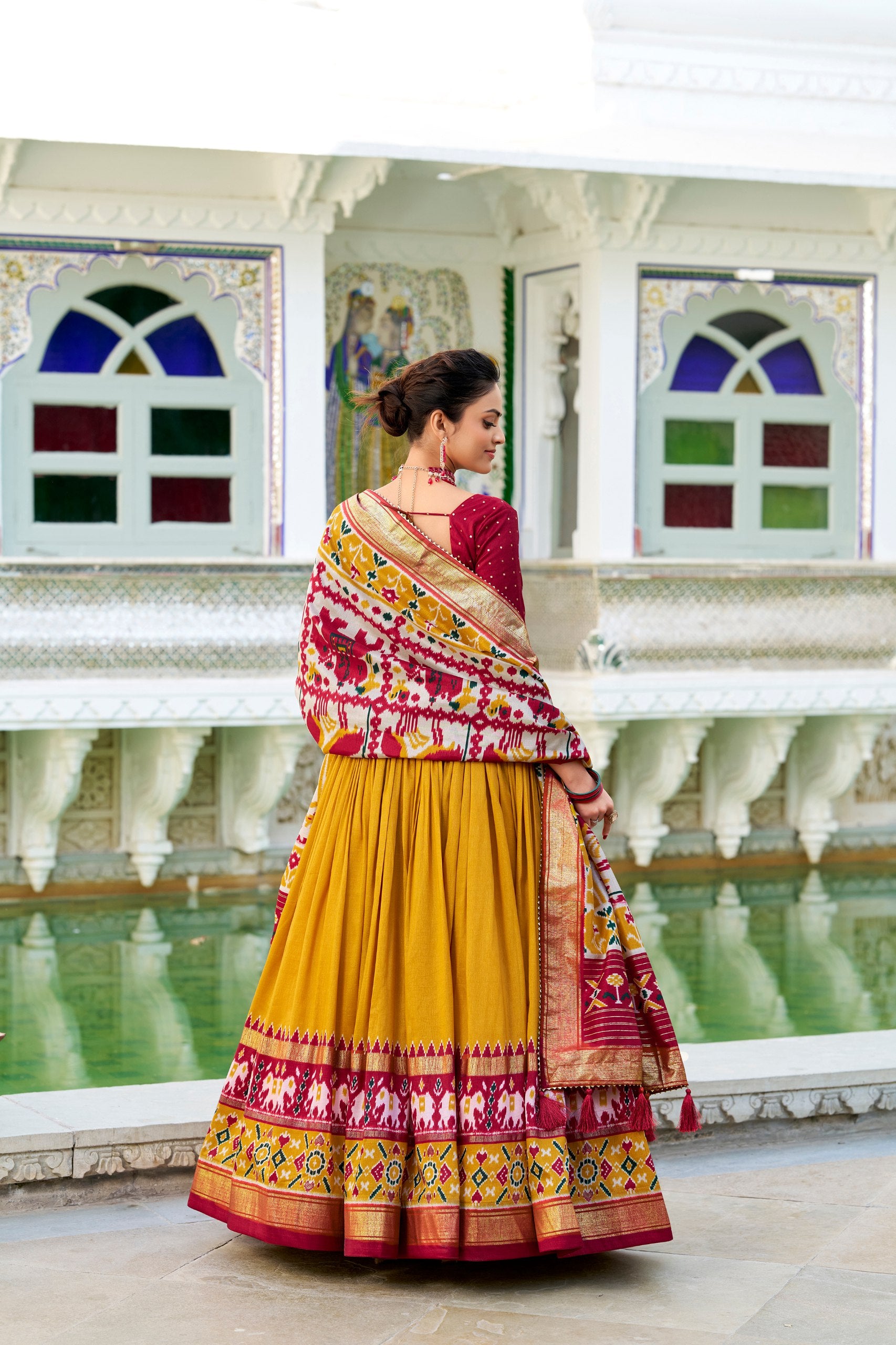 Mustard Tussar Silk Patola Print Lehenga Choli with Canvas Stitching