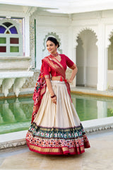 Off White Tussar Silk Festive Lehenga Choli with Foil Work and Tassels