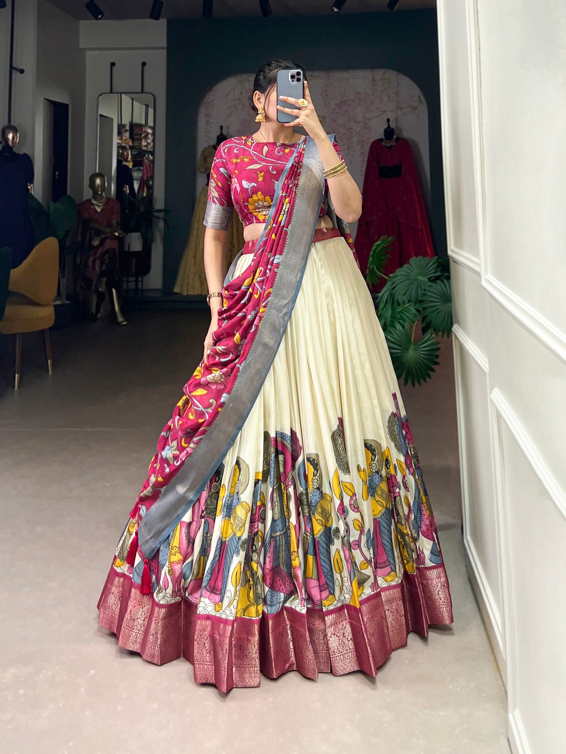 Off White Dola Silk Kalamkari Printed Lehenga Choli with Zari Weaving Border & Tassel Dupatta