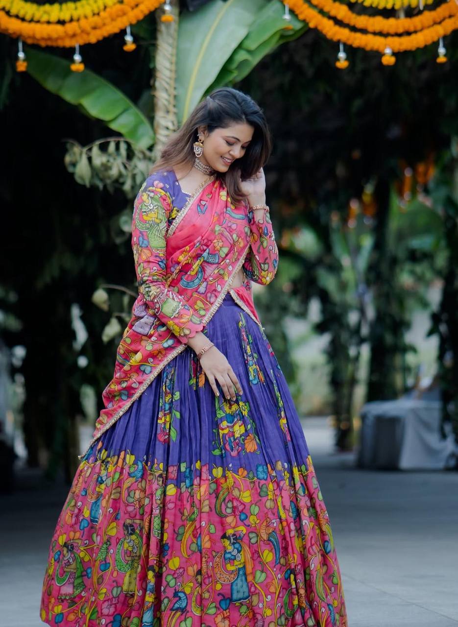 Elegant Kalamkari Cotton Lehenga Choli with Embroidered Dupatta – Premium Comfort & Flair