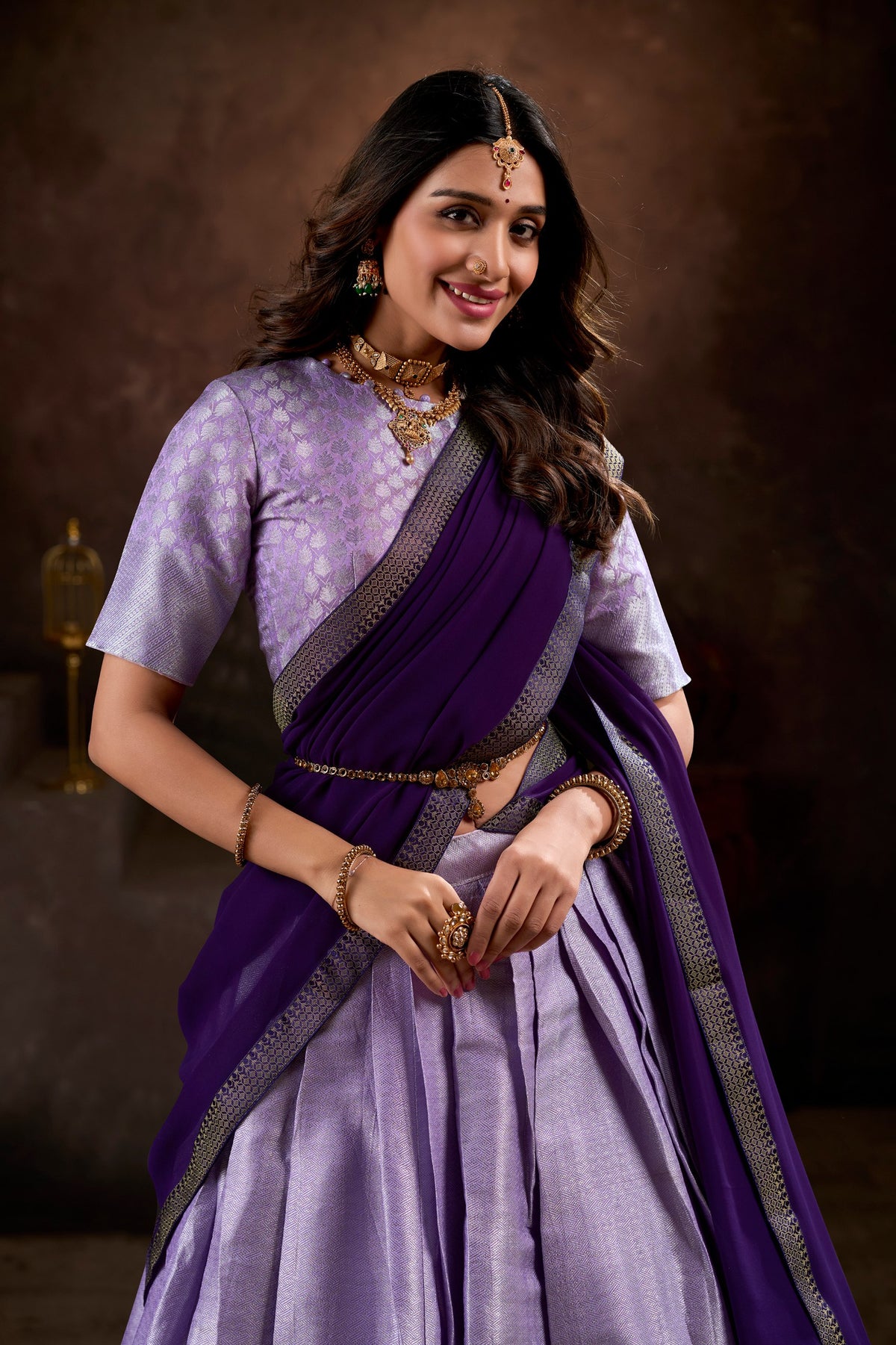 Lavender Kanchipuram Silk Half Saree with Zari Weaving Work – Perfect for Weddings & Festive Occasions