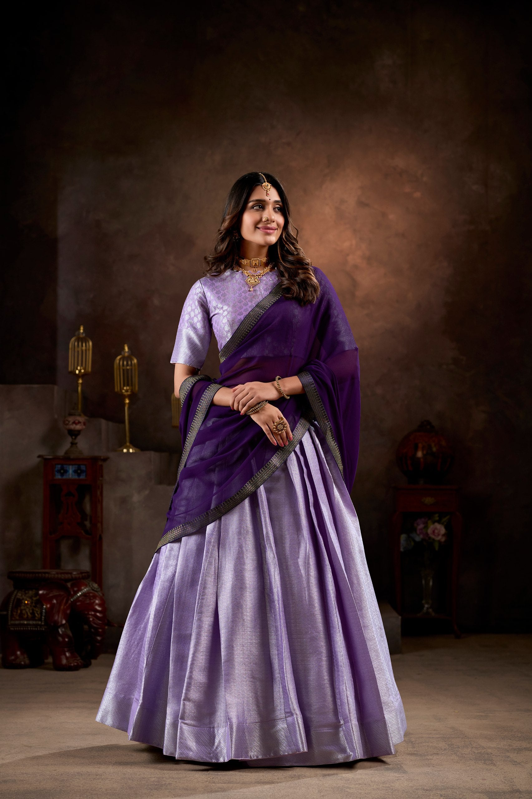 Lavender Kanchipuram Silk Half Saree with Zari Weaving Work – Perfect for Weddings & Festive Occasions