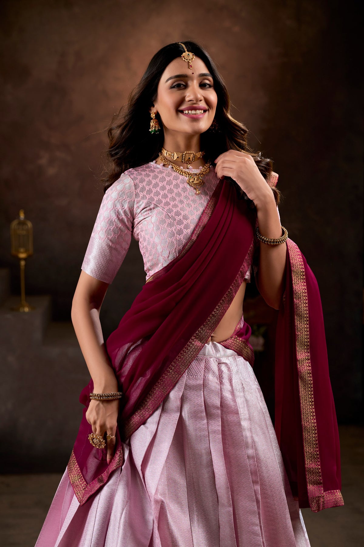 Pink Kanchipuram Silk Half Saree with Zari Weaving Work – Traditional Elegance for Special Celebrations