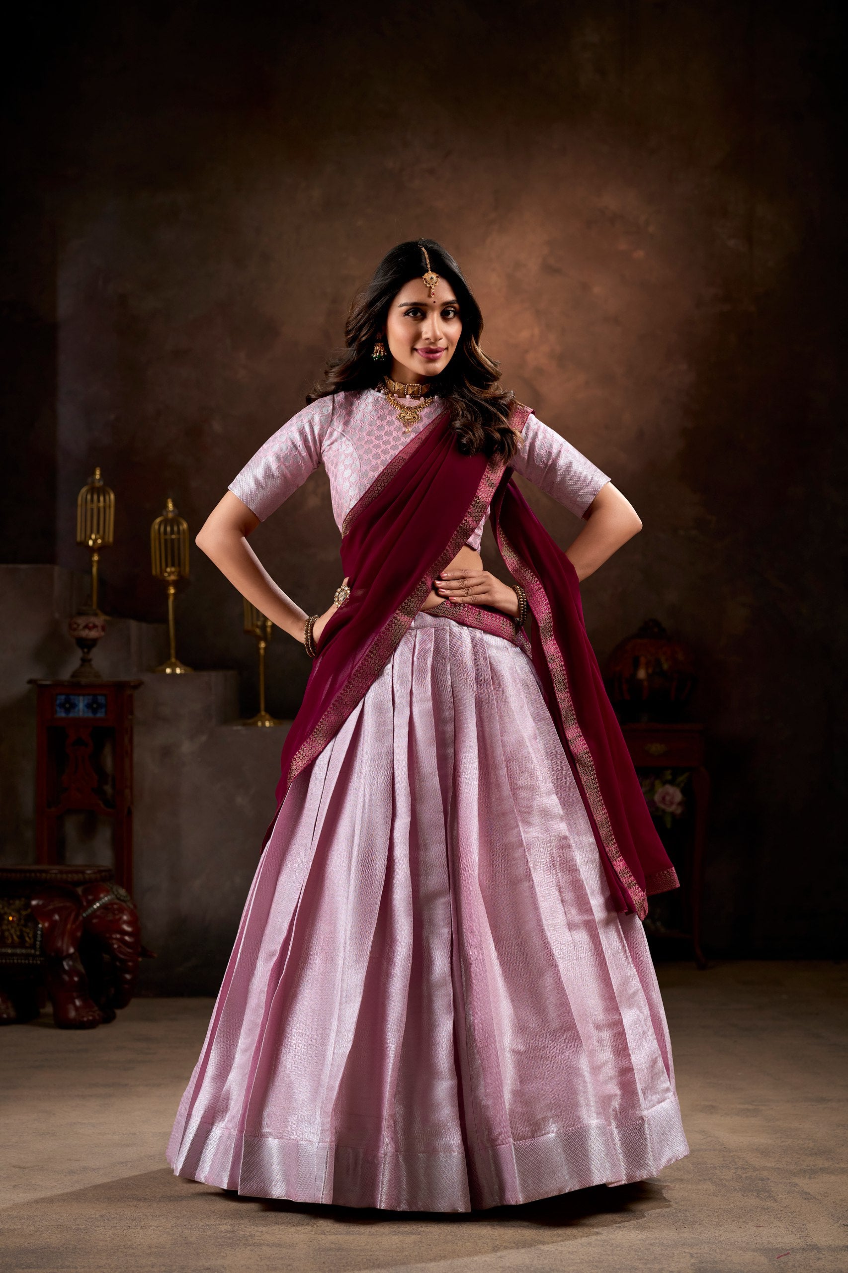 Pink Kanchipuram Silk Half Saree with Zari Weaving Work – Traditional Elegance for Special Celebrations