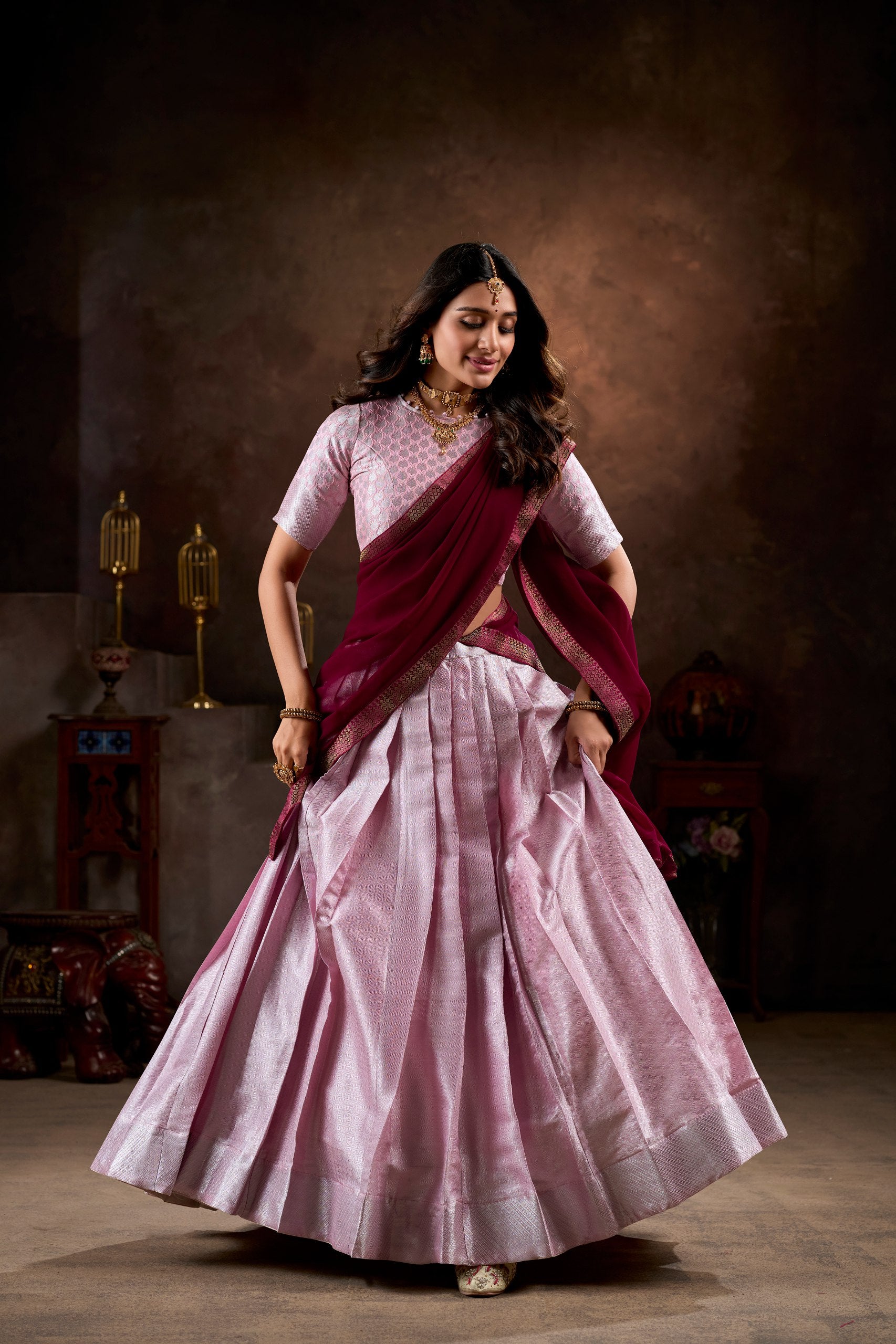 Pink Kanchipuram Silk Half Saree with Zari Weaving Work – Traditional Elegance for Special Celebrations