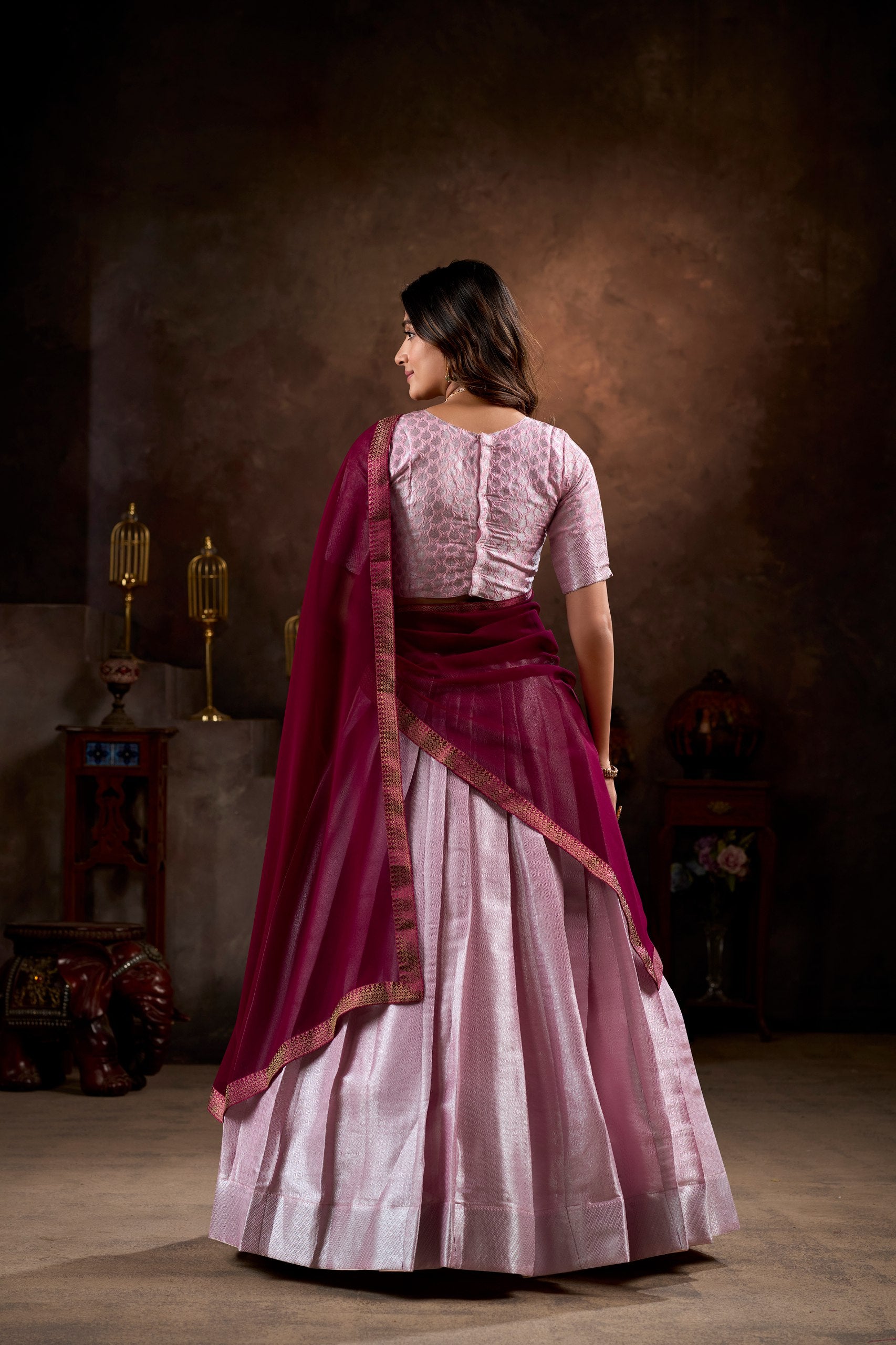 Pink Kanchipuram Silk Half Saree with Zari Weaving Work – Traditional Elegance for Special Celebrations