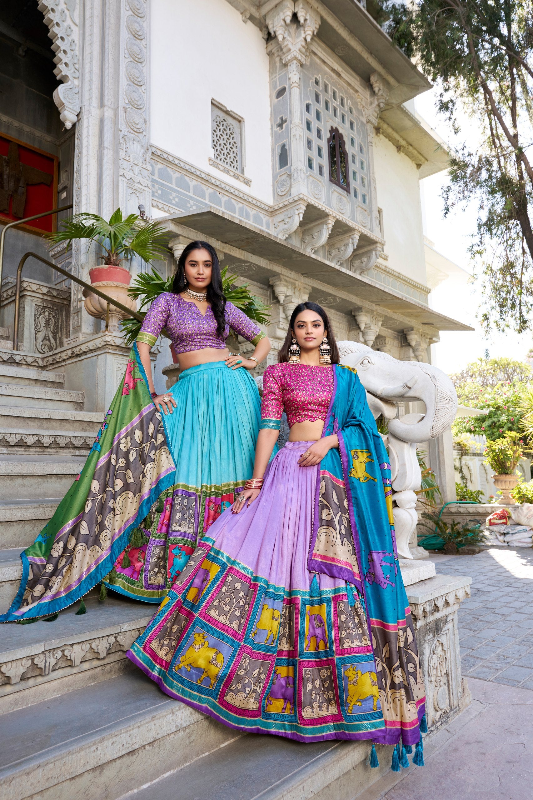 Sea Green Elegance Kalamkari Tussar Silk Lehenga Choli with Foil Detailing