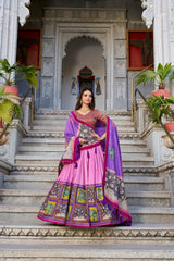 Peacock Pink Kalamkari Tussar Silk Lehenga with Gotta Patti Lace Dupatta