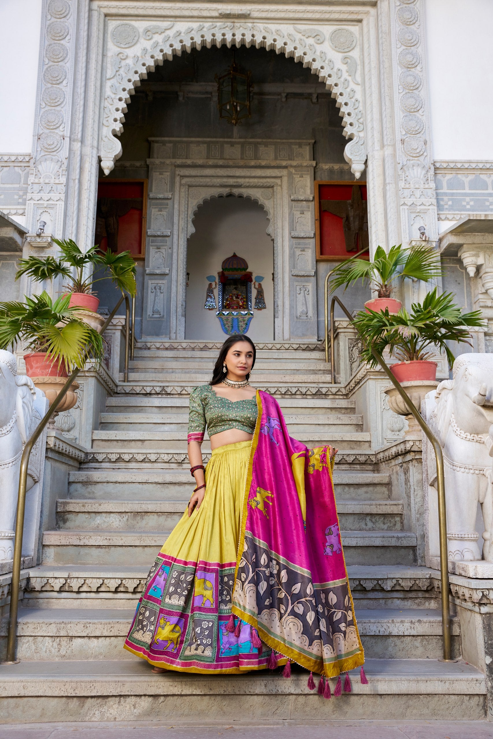 Mustard Glory Kalamkari Tussar Silk Lehenga with Tassel Adorned Dupatta