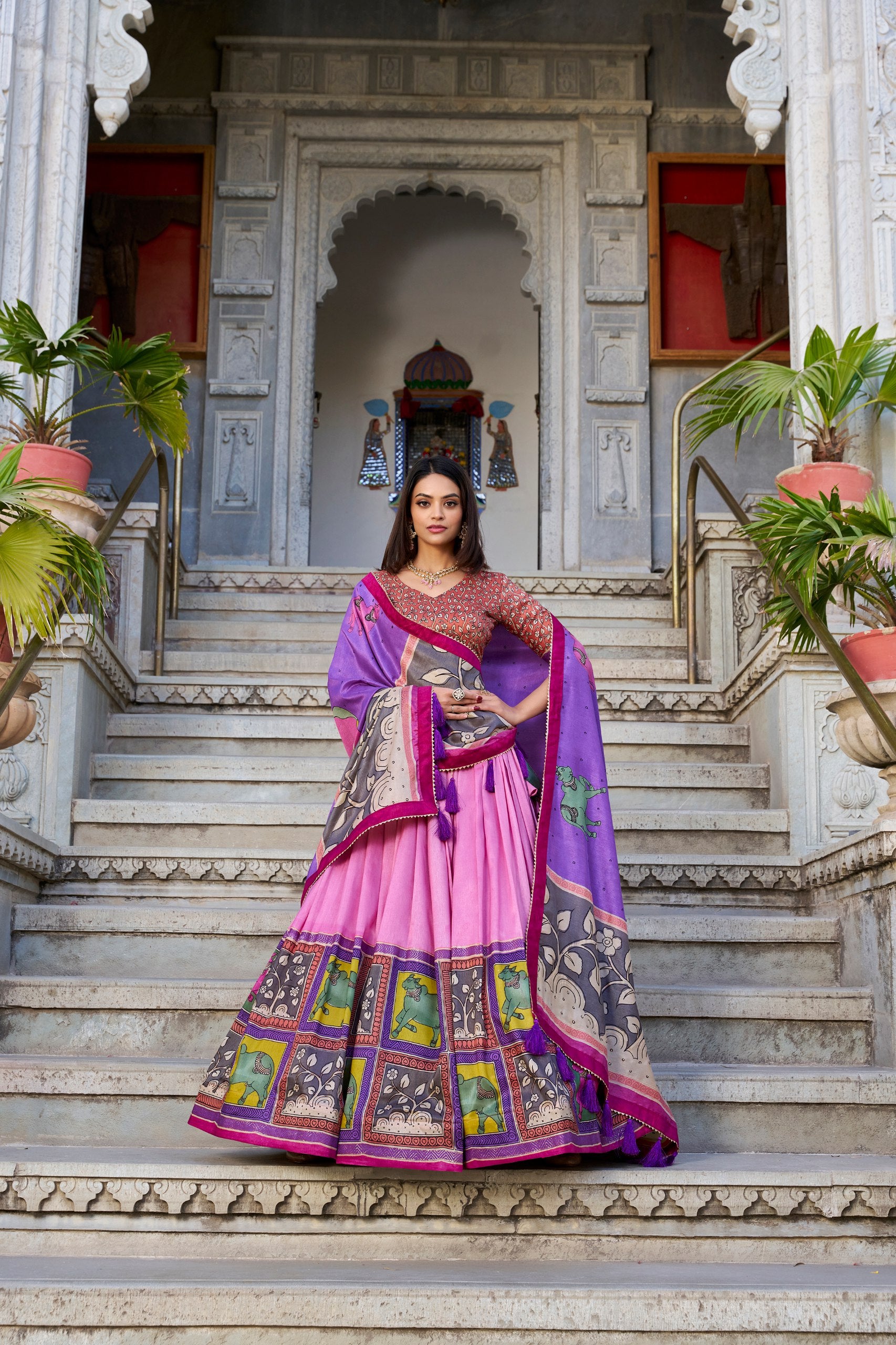 Peacock Pink Kalamkari Tussar Silk Lehenga with Gotta Patti Lace Dupatta