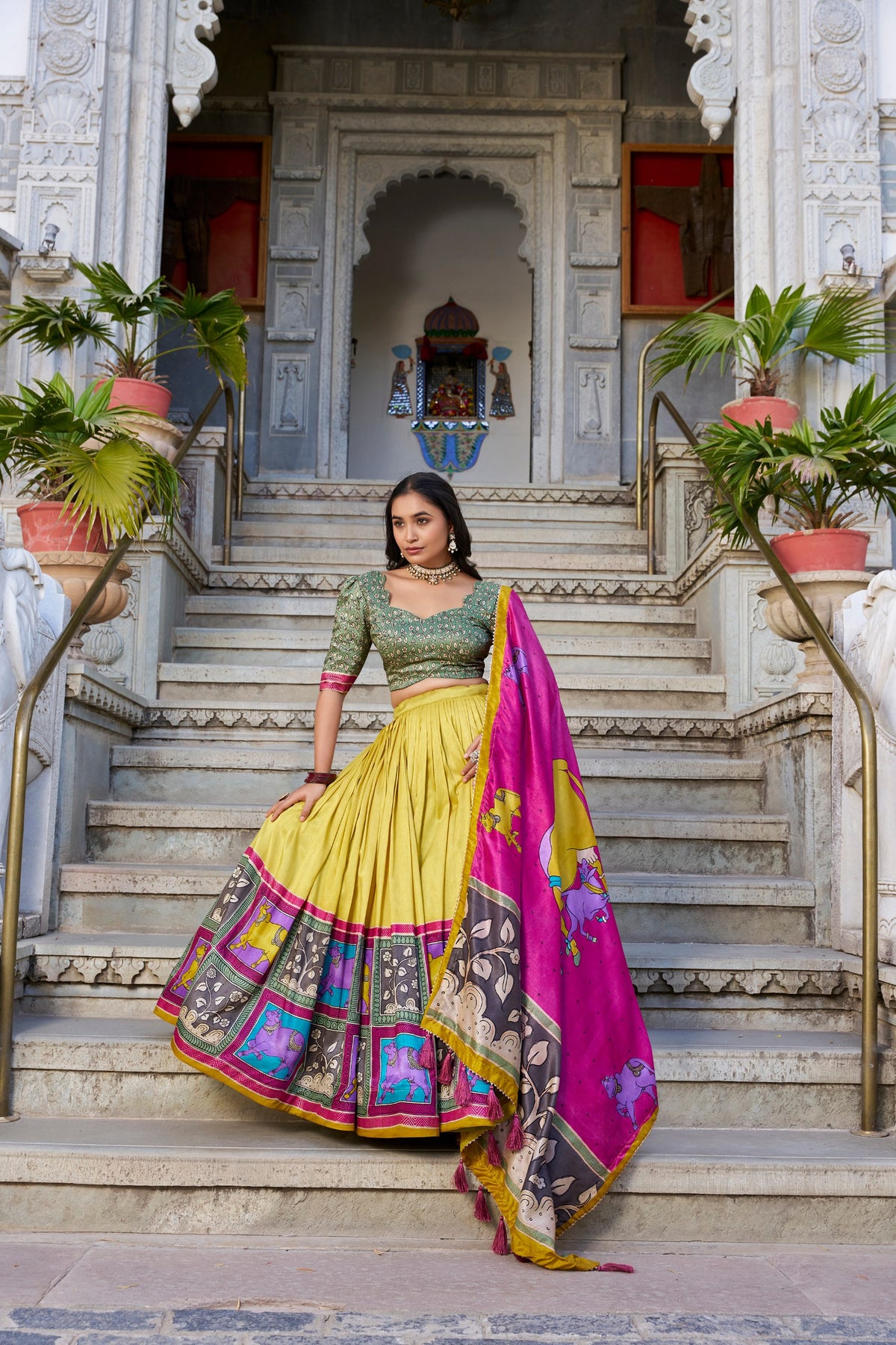 Mustard Glory Kalamkari Tussar Silk Lehenga with Tassel Adorned Dupatta