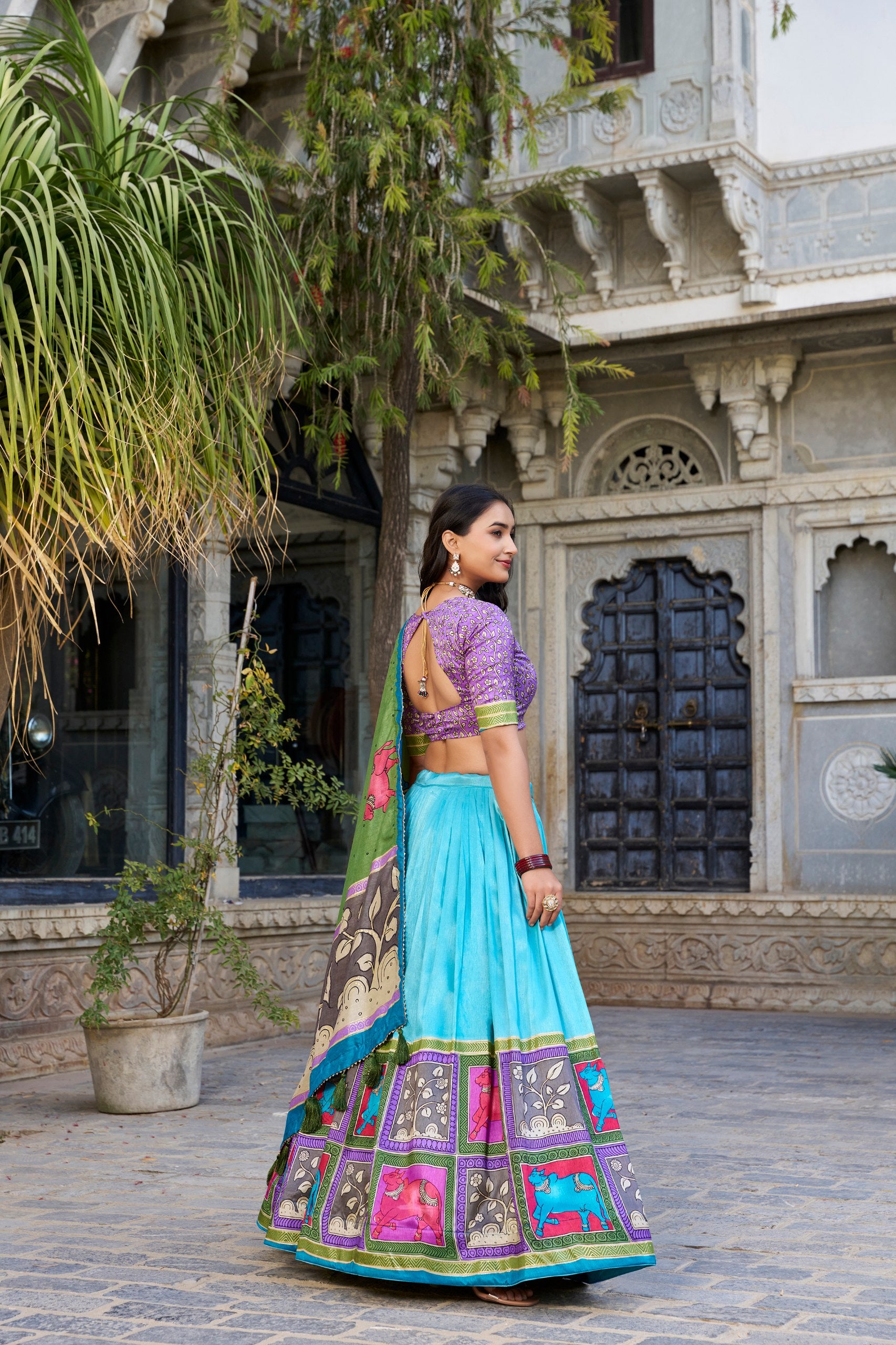 Sea Green Elegance Kalamkari Tussar Silk Lehenga Choli with Foil Detailing