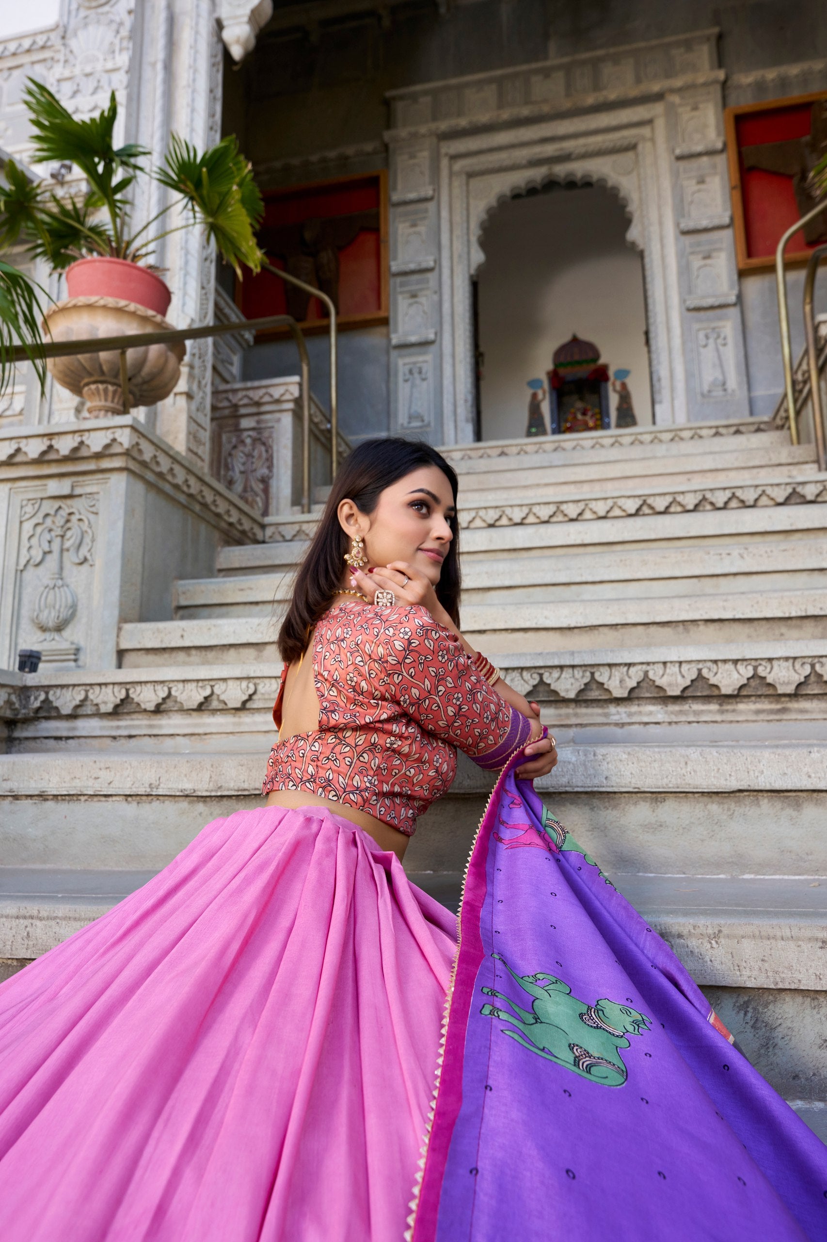 Peacock Pink Kalamkari Tussar Silk Lehenga with Gotta Patti Lace Dupatta