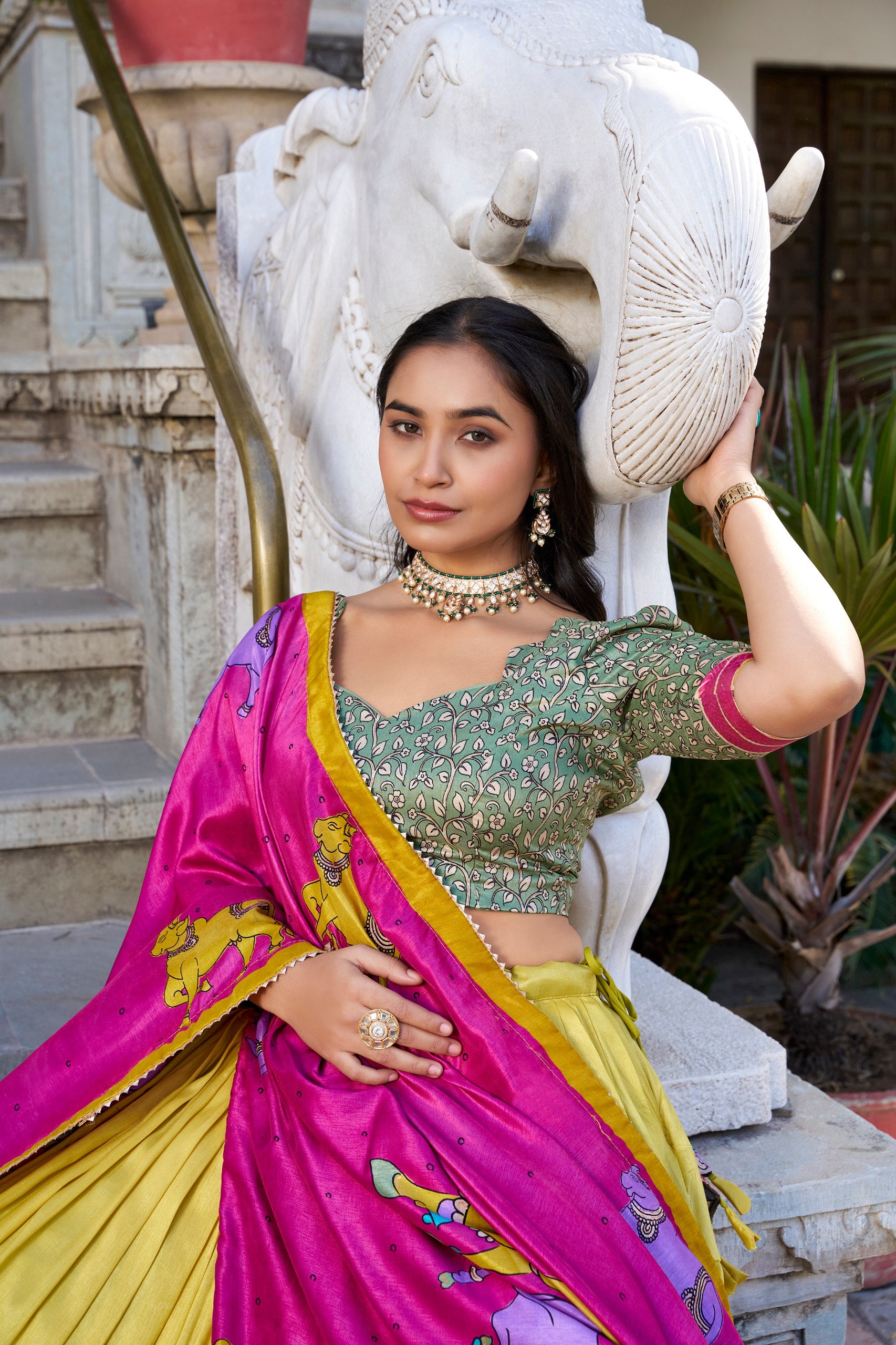 Mustard Glory Kalamkari Tussar Silk Lehenga with Tassel Adorned Dupatta