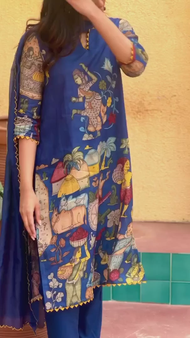 Blue Kalamkari Cotton Kurta Set with Dupatta - Traditional Painted Motifs & Embroidered Lace Detailing