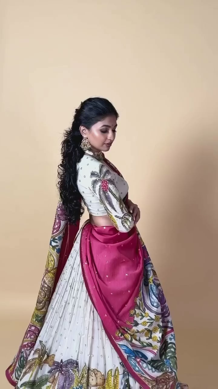 Festive Special Kalamkari Chent Crepe Lehenga Choli with Sequins and Embroidery – Fully Stitched