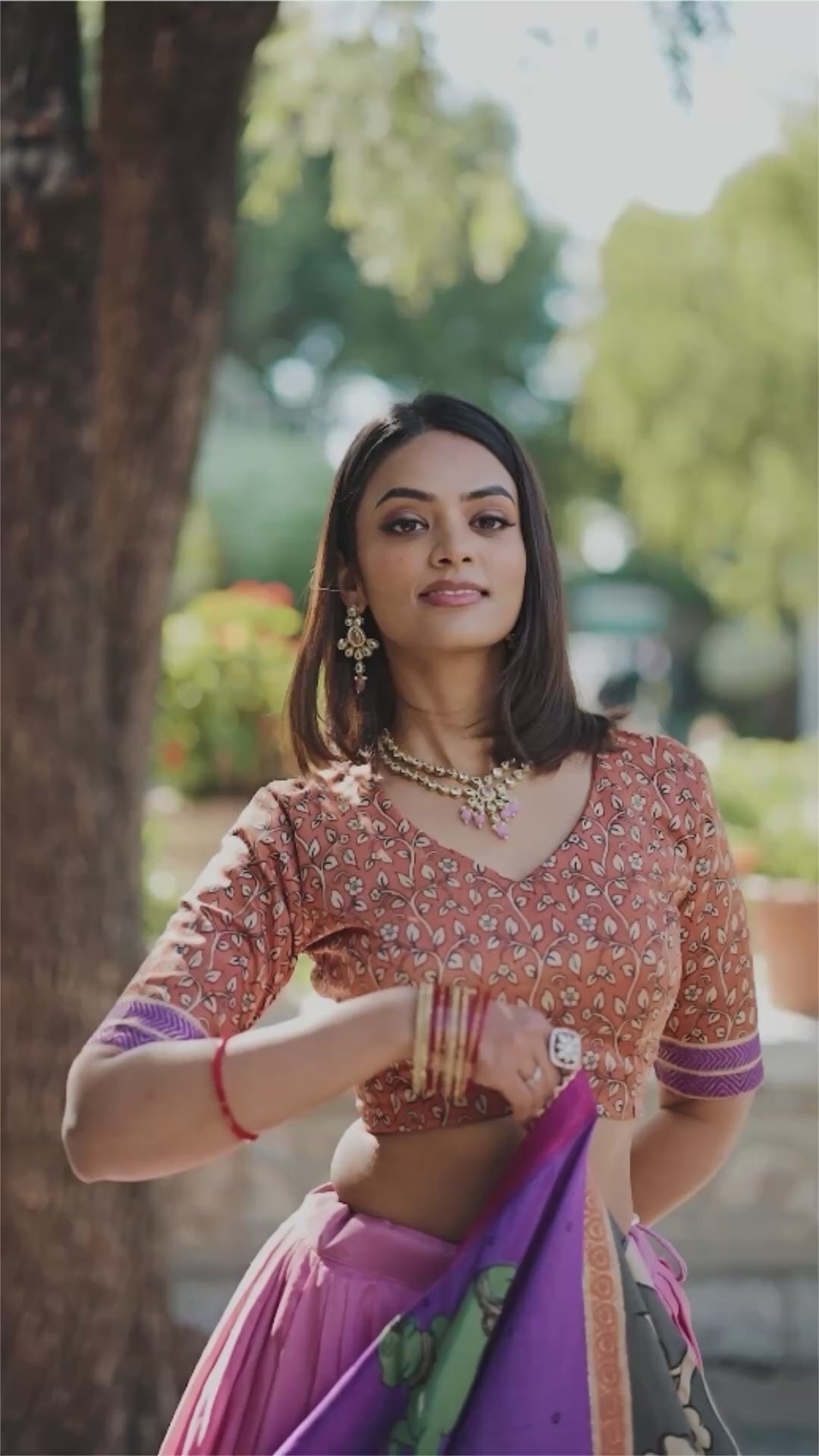 Peacock Pink Kalamkari Tussar Silk Lehenga with Gotta Patti Lace Dupatta