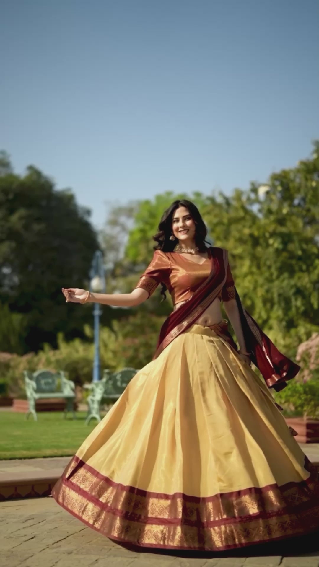 Golden Yellow and Burgundy Kanchipuram Silk Lehenga Choli with Georgette Dupatta