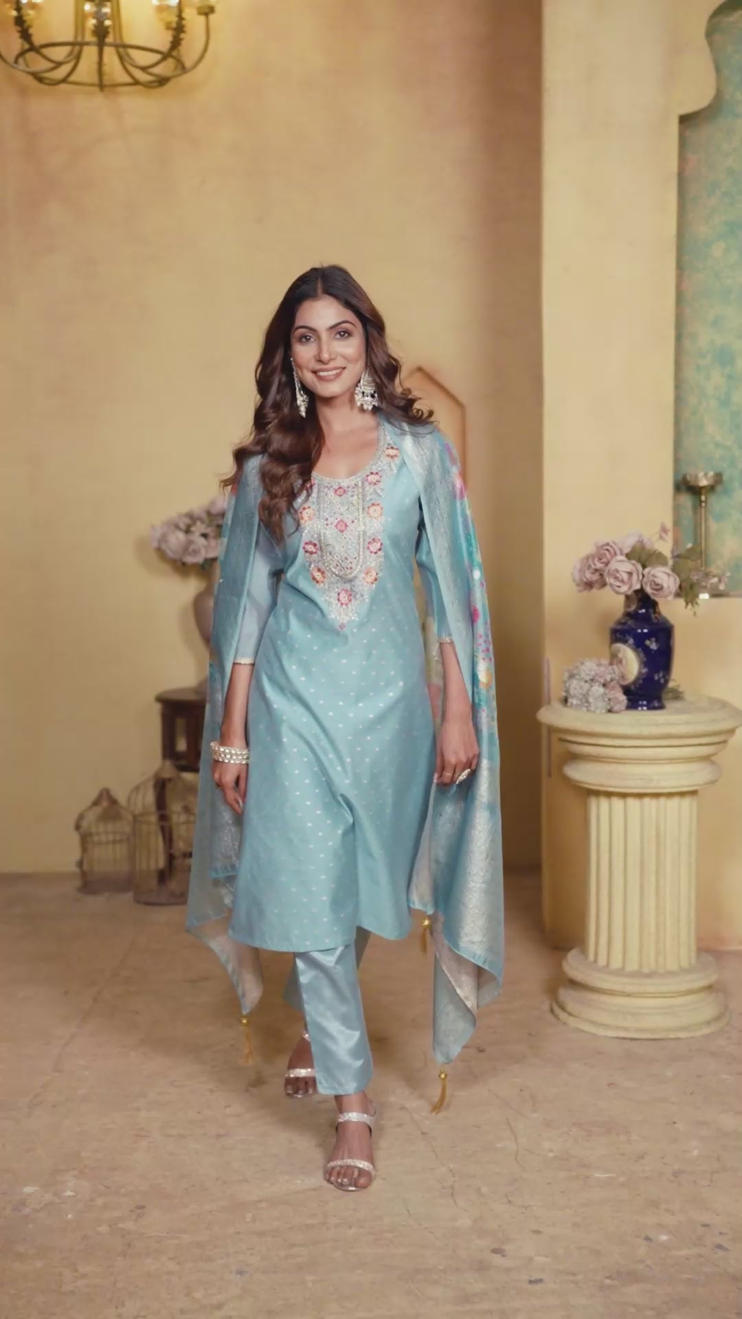 Turquoise Viscose Modal Butti Embroidered Kurta Set with Jacquard Organza Dupatta - Fully Stitched