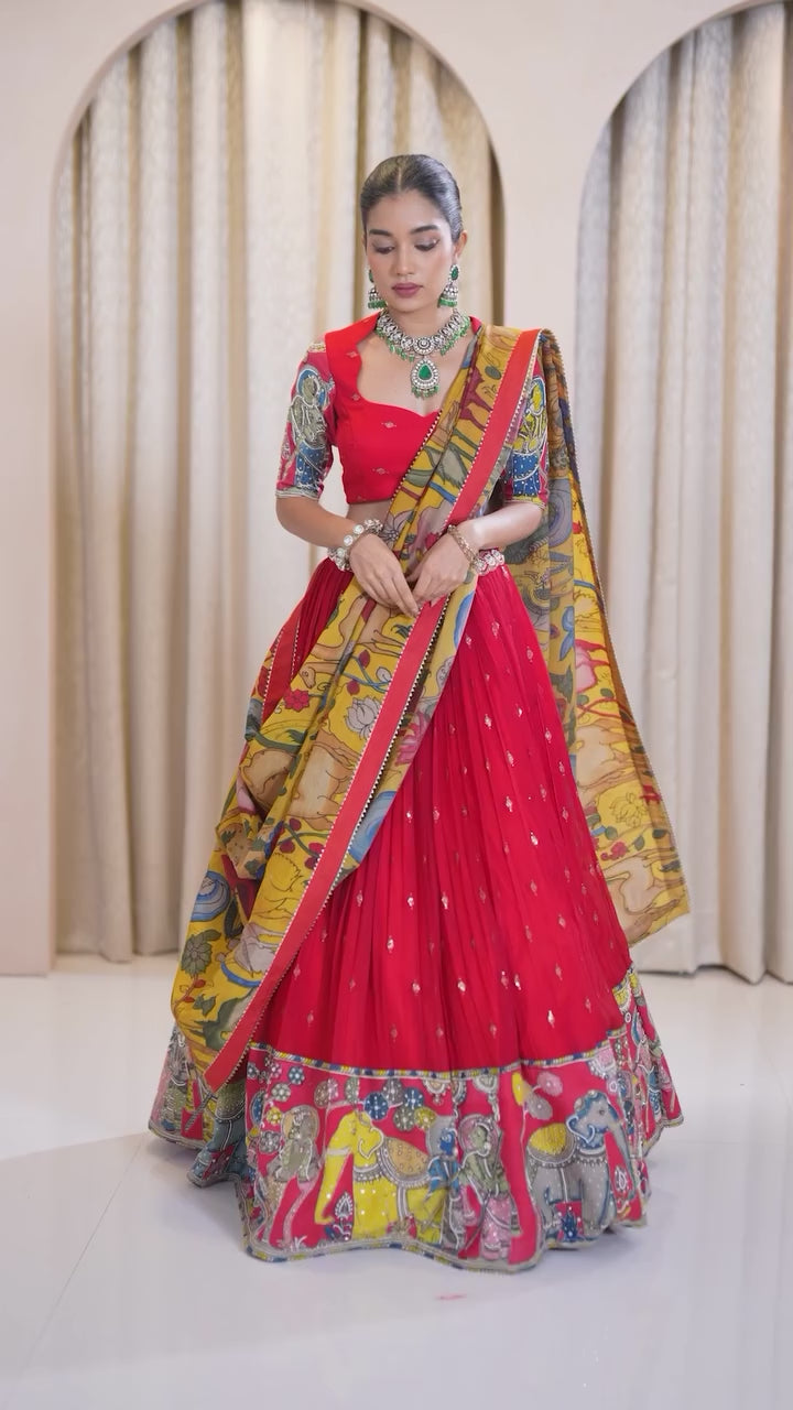 Elegant Kalamkari-Print Red Lehenga Choli with Embroidery and Dupatta