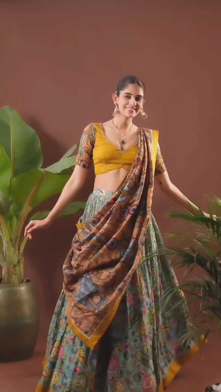 Elegant Printed Kalamkari Lehenga with Mirror Work – Ideal for Indian Weddings & Special Occasions