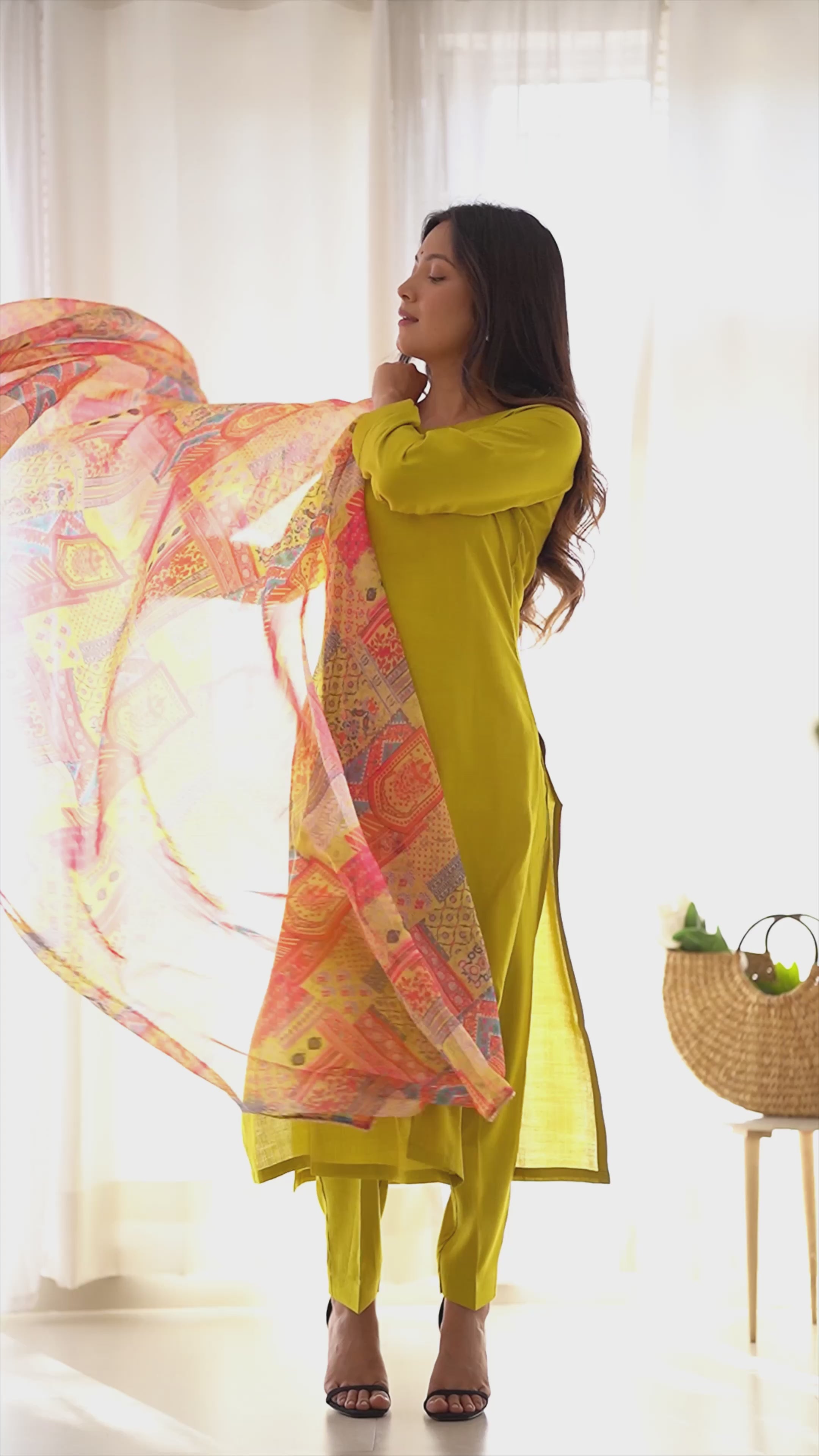 Elegant Yellow Viscose Straight Fit Kurta Set with Floral Organza Dupatta