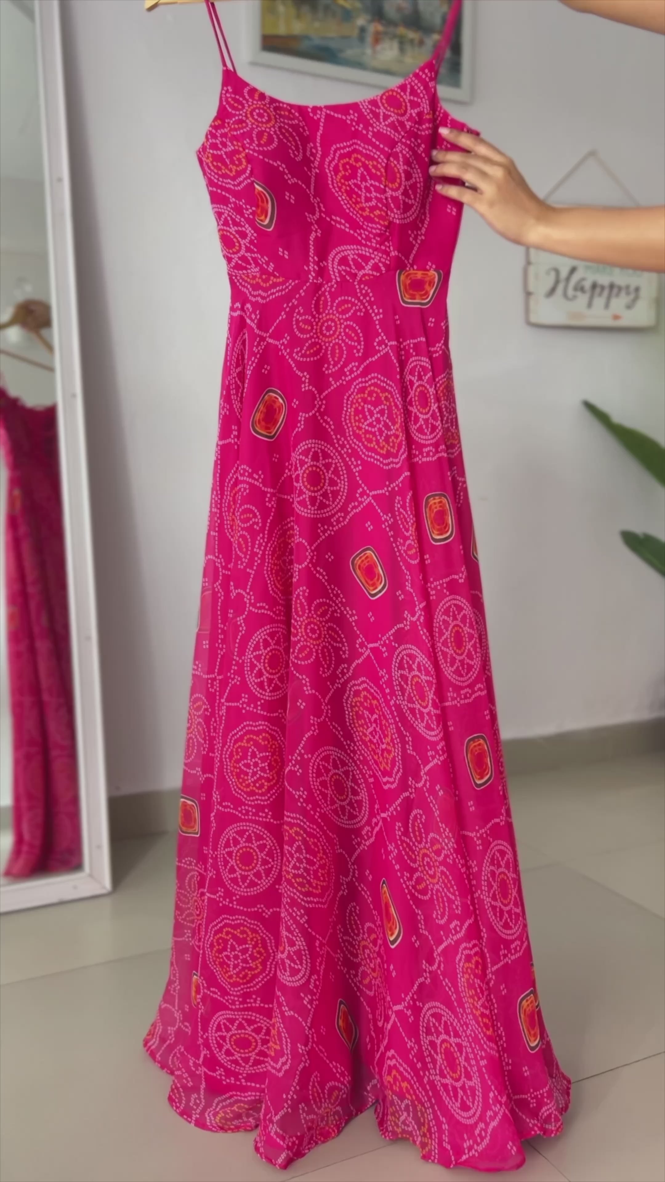 Vibrant Pink Chiffon Bandhej Gown with Intricate Triangle Lace Dupatta