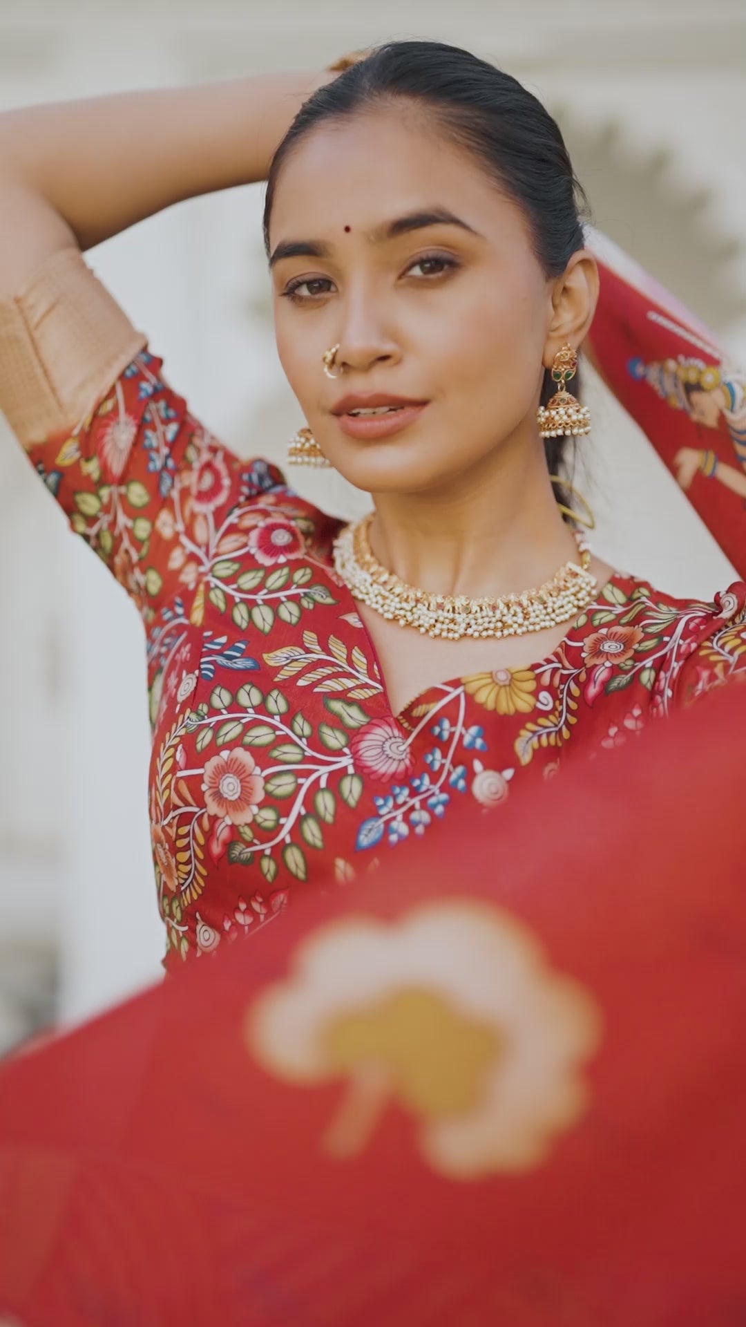 Cream Dola Silk Lehenga Choli with Kalamkari Print and Canvas Stitching